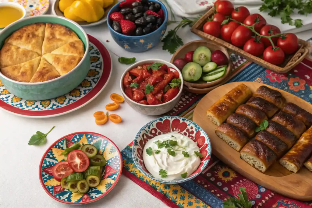 A beautifully arranged Balkan breakfast table with traditional dishes like burek, sarma, and fresh vegetables