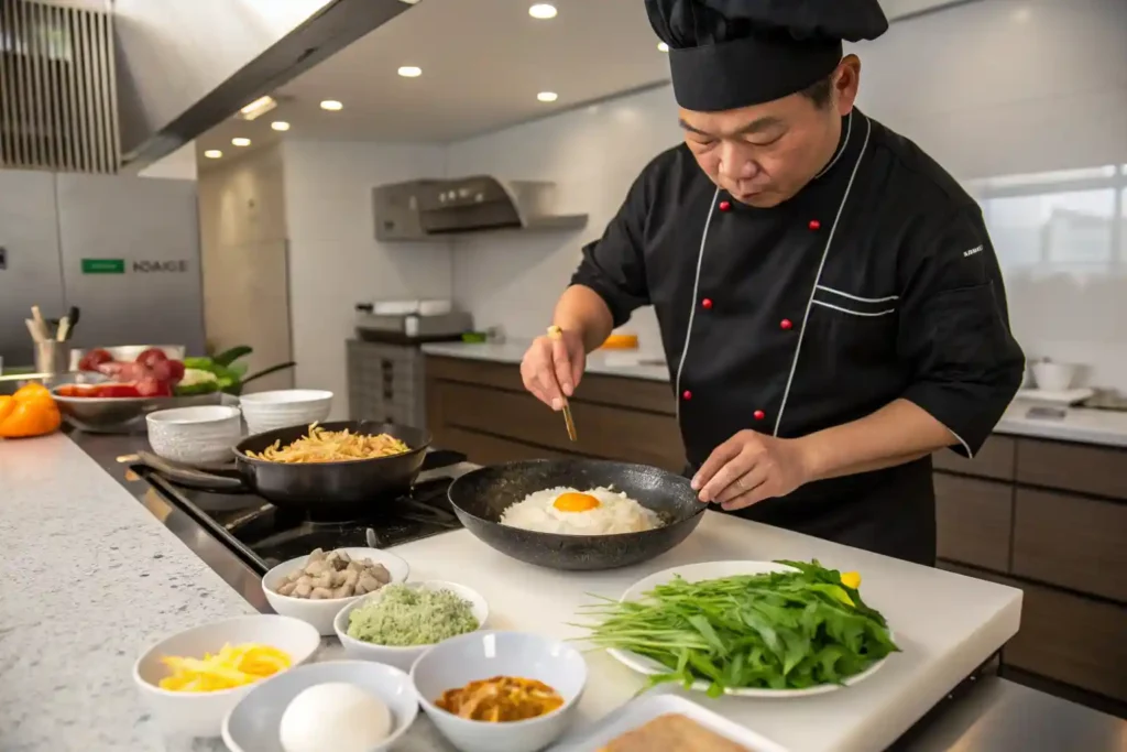 A chef preparing a quick Asian breakfast with rice, eggs, and vegetables in a modern kitchen.