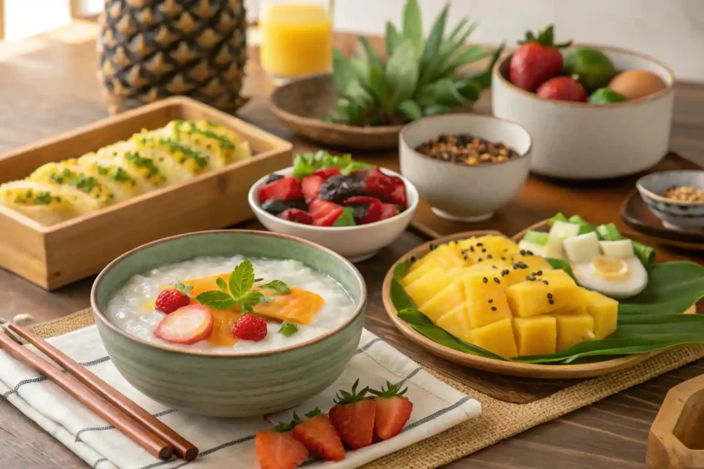 A colorful Asian breakfast spread featuring congee, tamagoyaki, and fresh fruit