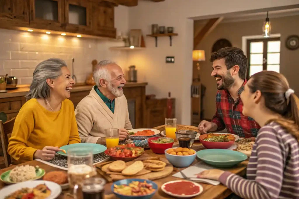 A family gathering around a breakfast table, enjoying traditional Balkan dishes and sharing stories