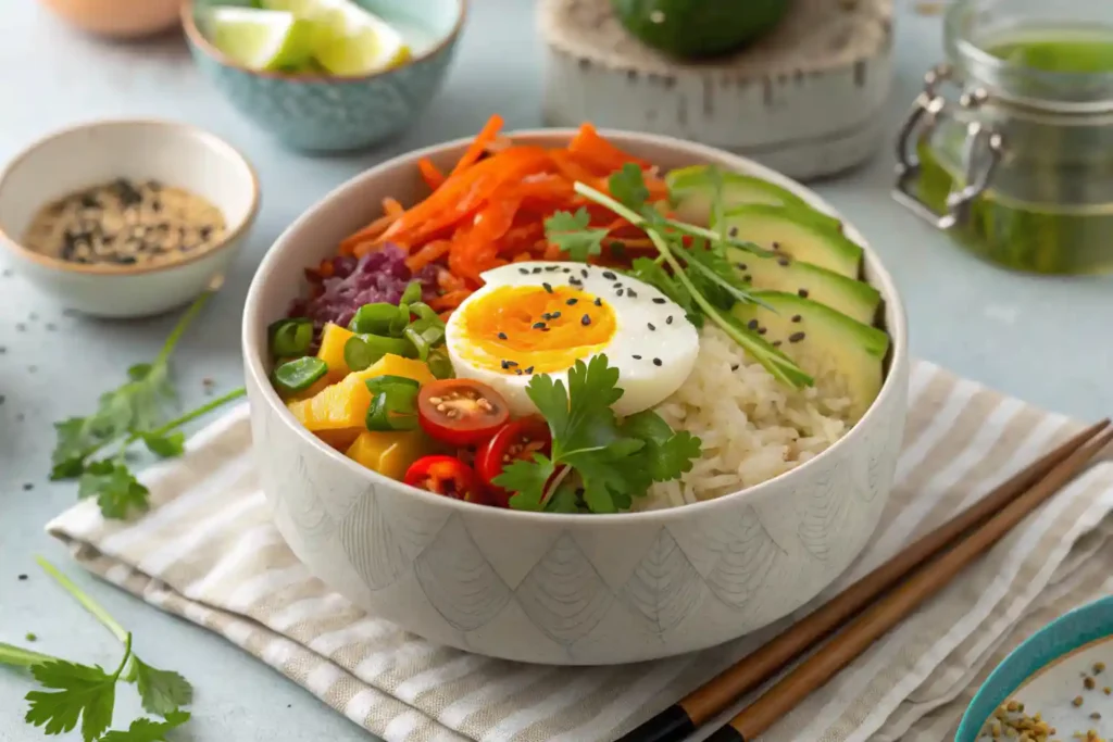 A healthy Asian breakfast bowl with rice, vegetables, and a poached egg, garnished with herbs