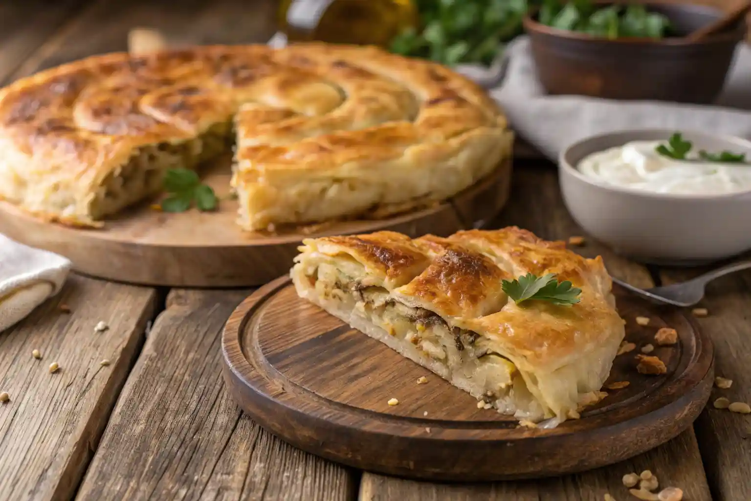 Close-up of a golden-brown burek pastry with flaky layers and a delicious filling