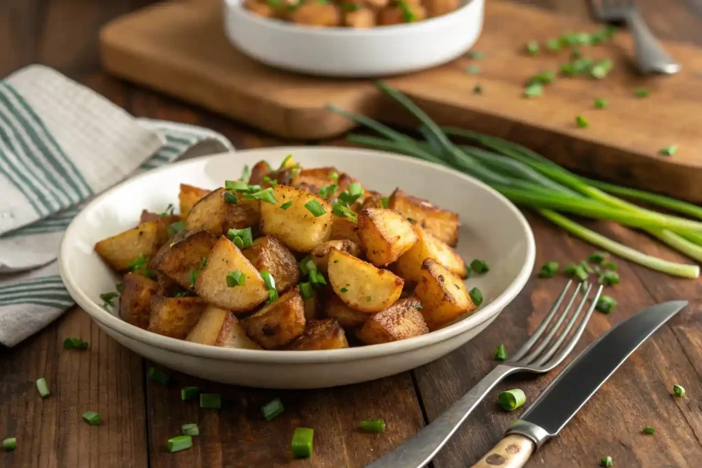 Crispy air fryer breakfast potatoes garnished with chives