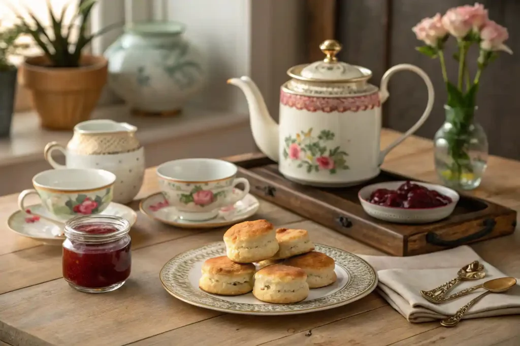 Traditional British breakfast tea setup with teapot, teacups, and scones