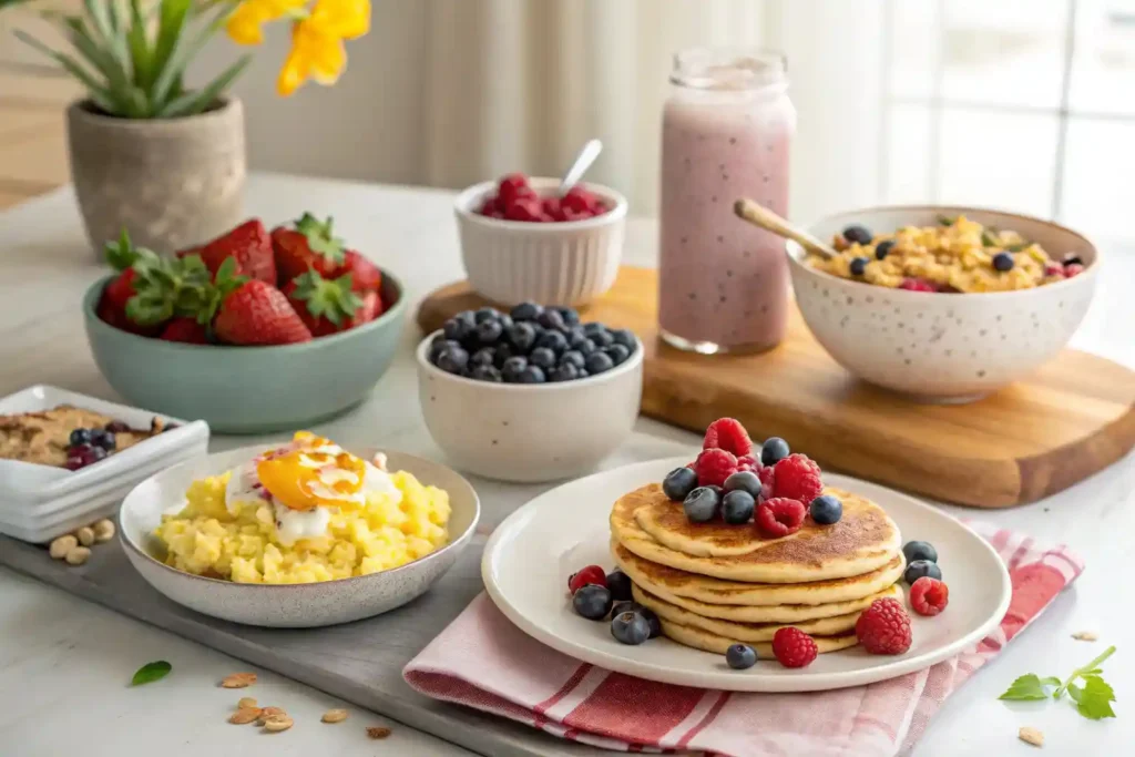 A colorful spread of high protein breakfast options including eggs, yogurt, pancakes, and a smoothie bowl