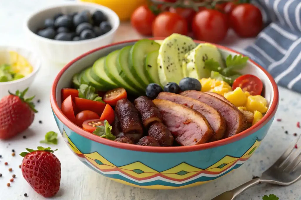 A healthy breakfast bowl with turkey bacon, chicken sausage, and fresh fruits