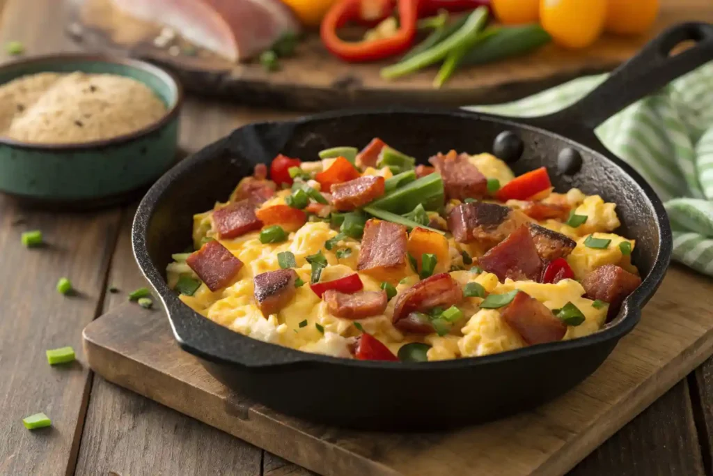 A hearty breakfast meat skillet with eggs, ham, bell peppers, and bacon