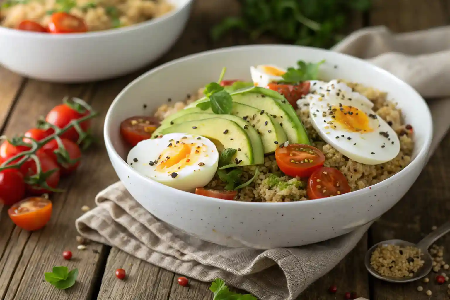 High protein breakfast bowl with quinoa, sliced avocado, cherry tomatoes, and soft-boiled eggs