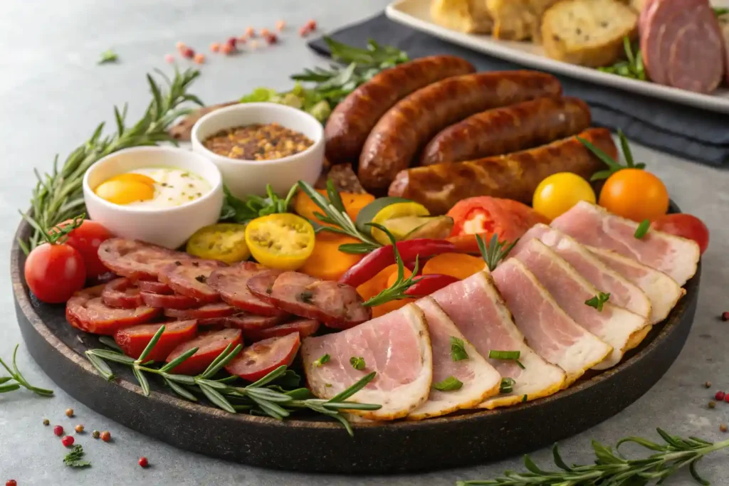 A platter of assorted breakfast meats including bacon, sausages, and ham