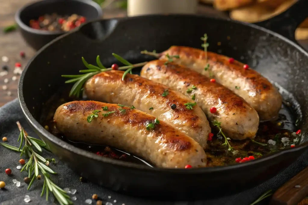 Chicken breakfast sausage links cooking in a skillet with herbs