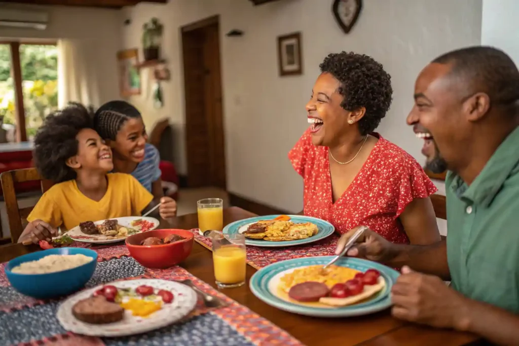 A Dominican family enjoying breakfast together, sharing traditional dishes like Mangu and salami