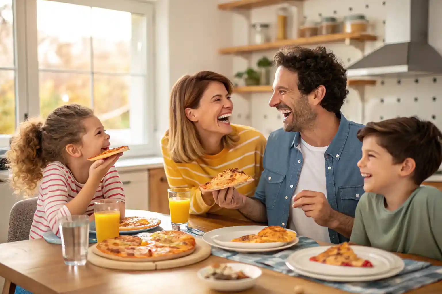 Family enjoying breakfast pizza together at the breakfast table