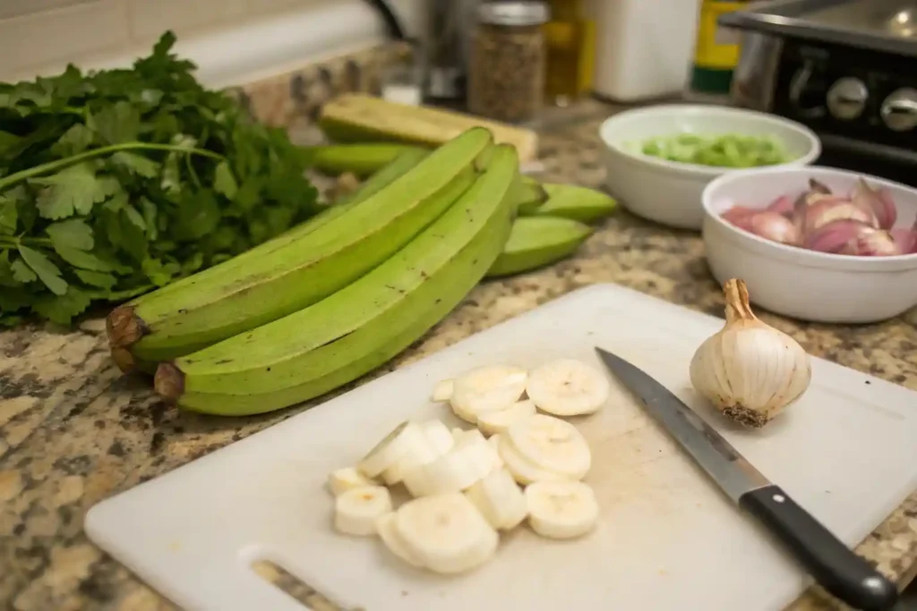 Fresh ingredients for Mangu green plantains, garlic, and onions on a kitchen countertop