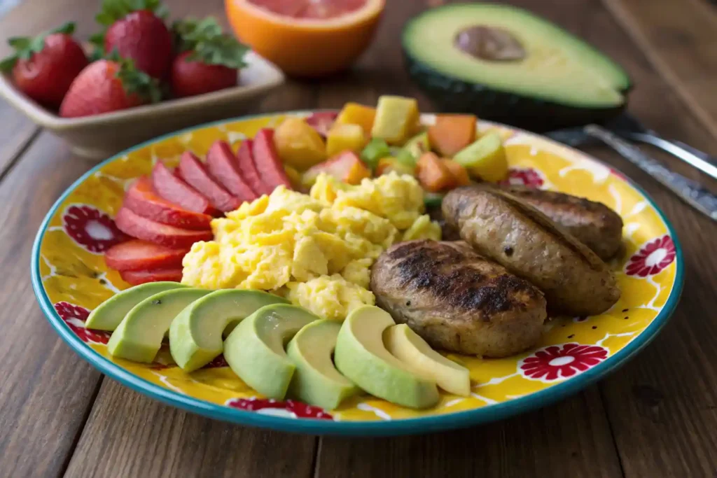 A colorful breakfast plate featuring chicken sausage, scrambled eggs, and fresh fruits.