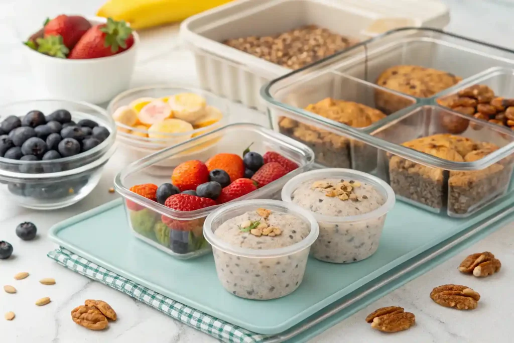 Meal prep containers filled with high protein breakfast ingredients like overnight oats and chia seed pudding