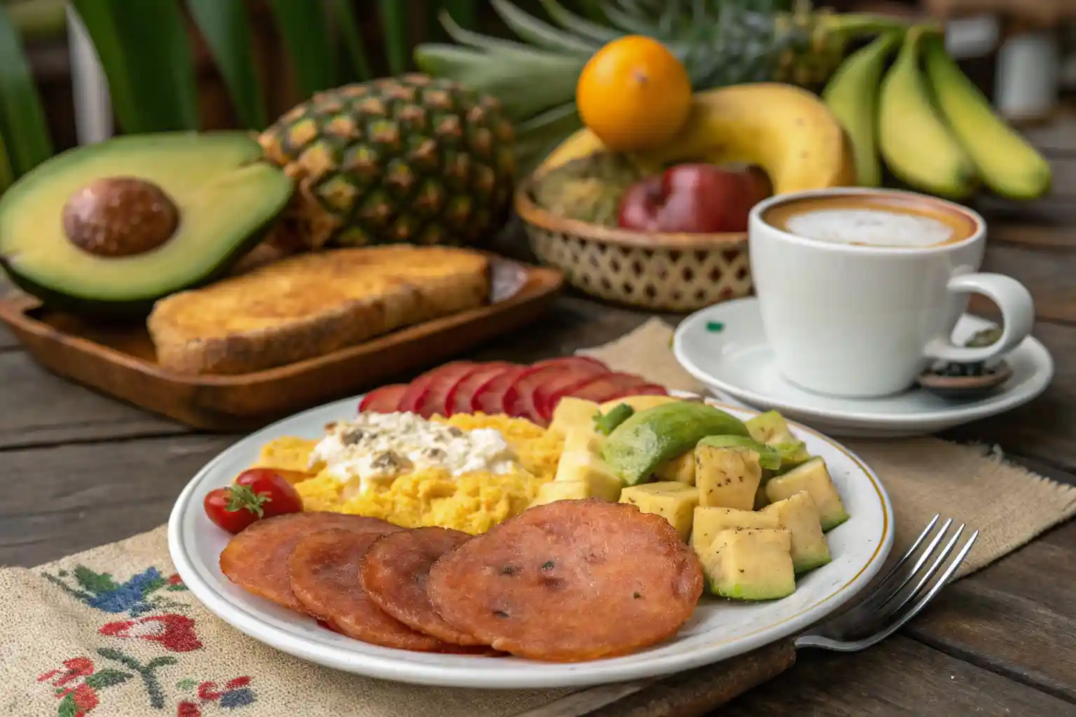 A colorful Dominican breakfast spread featuring eggs, salami, cheese, and fresh fruits.