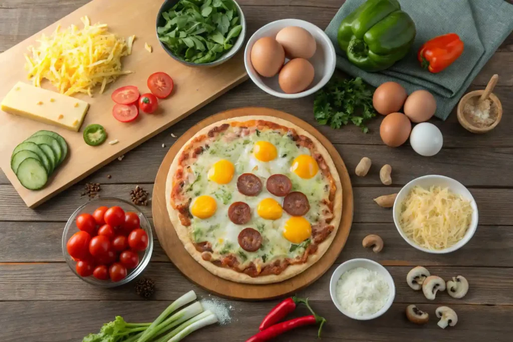 Fresh ingredients for breakfast pizza including eggs, cheese, vegetables, and sausage