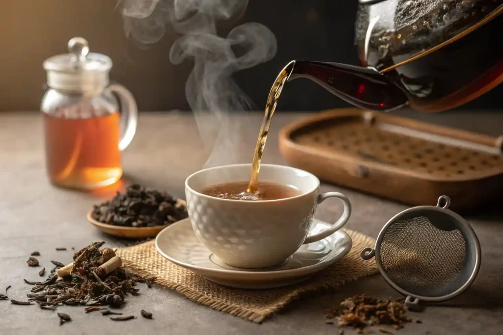 A steaming cup of English breakfast tea being poured from a teapot, surrounded by loose tea leaves.