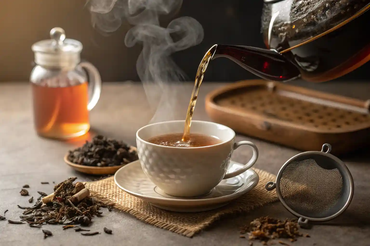 A steaming cup of English breakfast tea being poured from a teapot, surrounded by loose tea leaves.