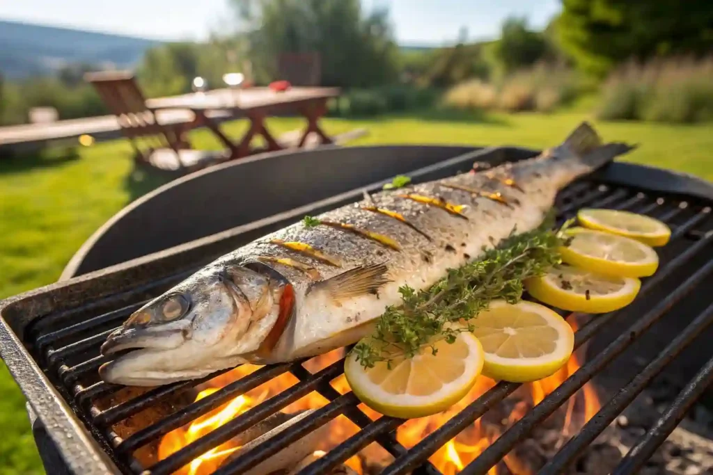 Grilled branzino on a barbecue, with charred skin and stuffed with lemon and thyme, in a summer outdoor setting.