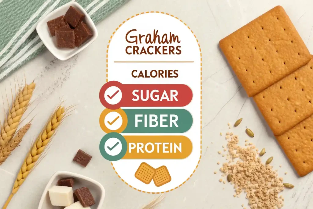 Nutritional breakdown of graham crackers including calories, sugar, fiber, and protein