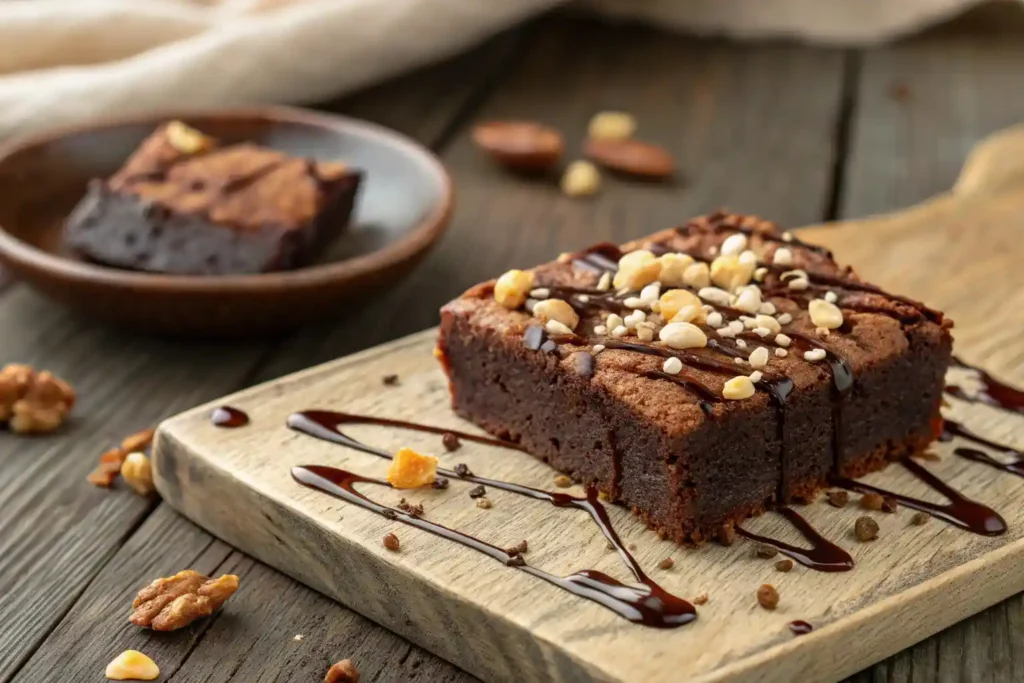 Close-up of a high-protein brownie topped with nuts and chocolate sauce.