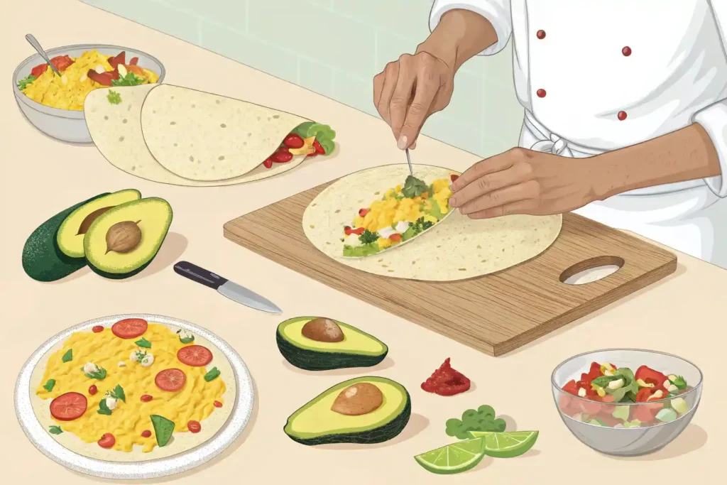 Chef assembling a healthy breakfast burrito with layers of ingredients