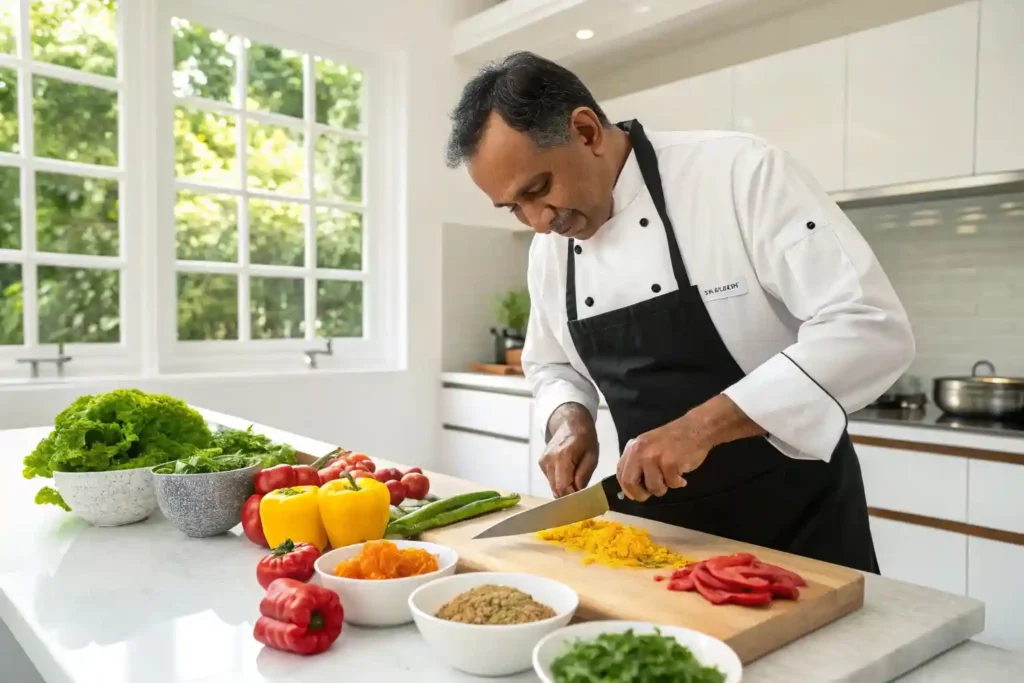 Is Indian Food Healthy A chef preparing healthy Indian food in a modern kitchen, chopping fresh vegetables and displaying spices like turmeric and lentils, highlighting the nutritious aspects of Indian cuisine