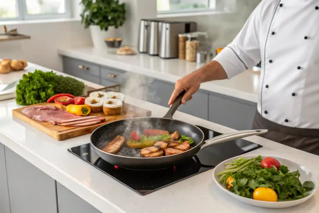 A chef preparing healthy breakfast meats in a skillet