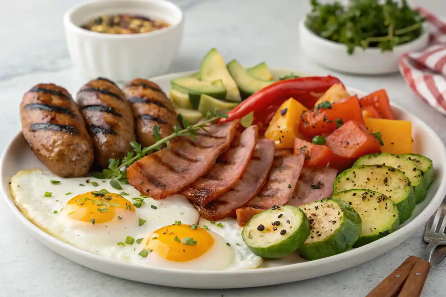 A colorful breakfast plate with turkey bacon, chicken sausage, and grilled vegetables