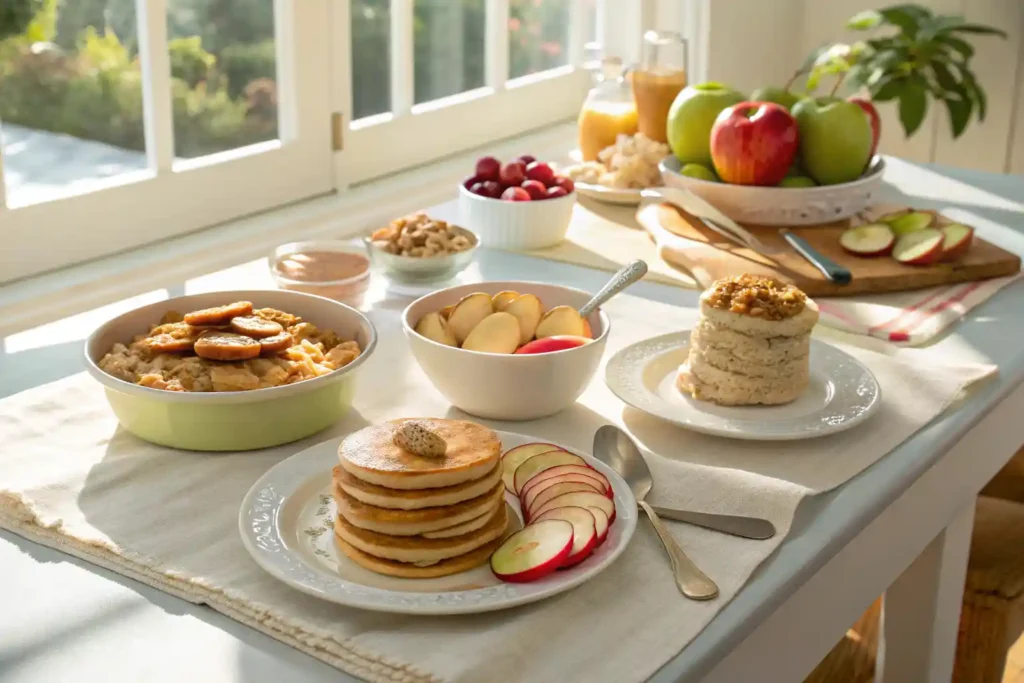 A colorful breakfast spread with apple pancakes, apple slices, and oatmeal