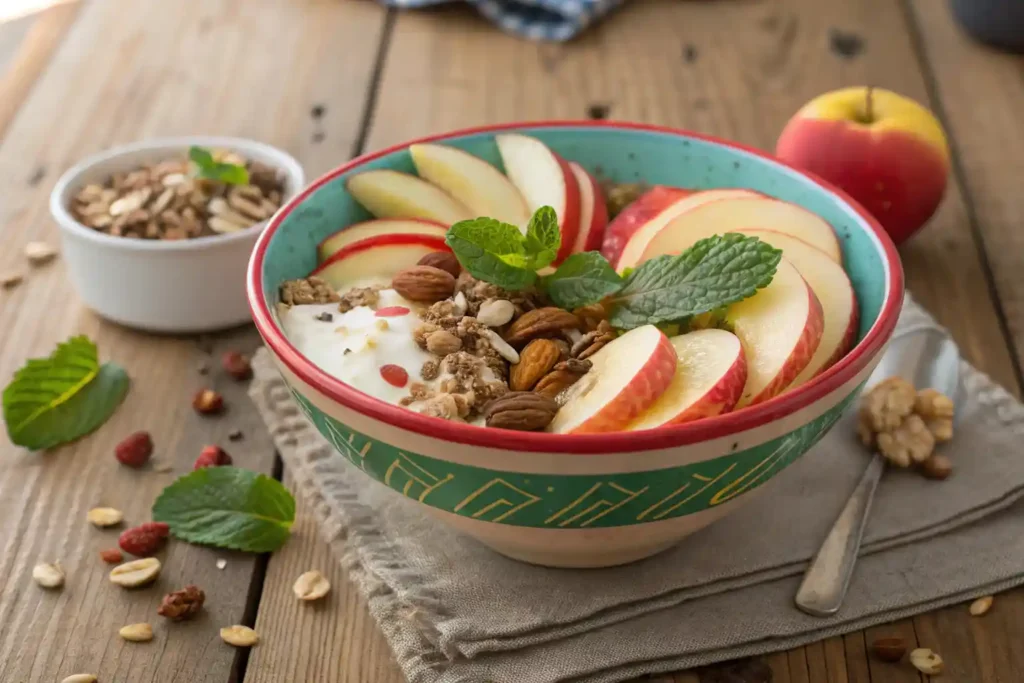 A healthy apple breakfast bowl with yogurt, granola, and nuts