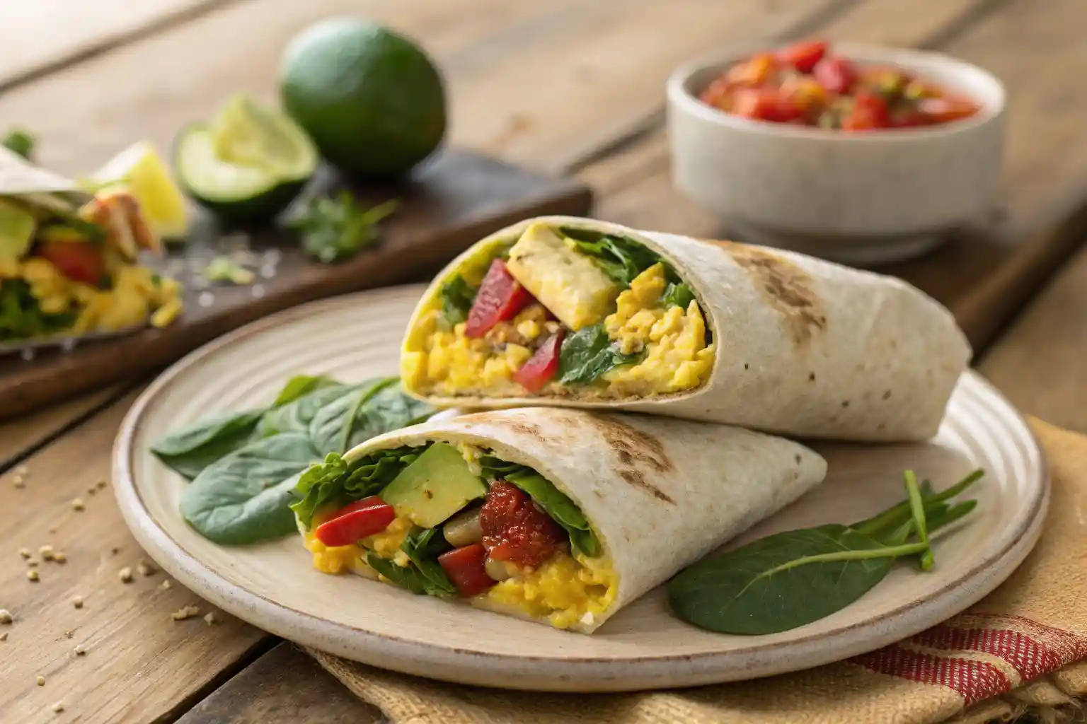 A healthy breakfast burrito sliced in half, showcasing colorful fillings