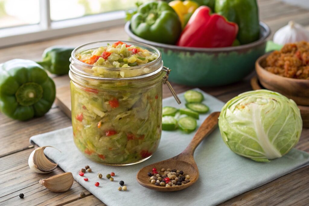 A jar of homemade chow chow relish with green tomatoes, cabbage, and bell peppers on a wooden table.