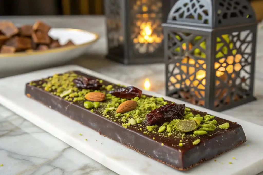 Luxurious Dubai chocolate bar with pistachios, dates, and gold leaf on a marble countertop