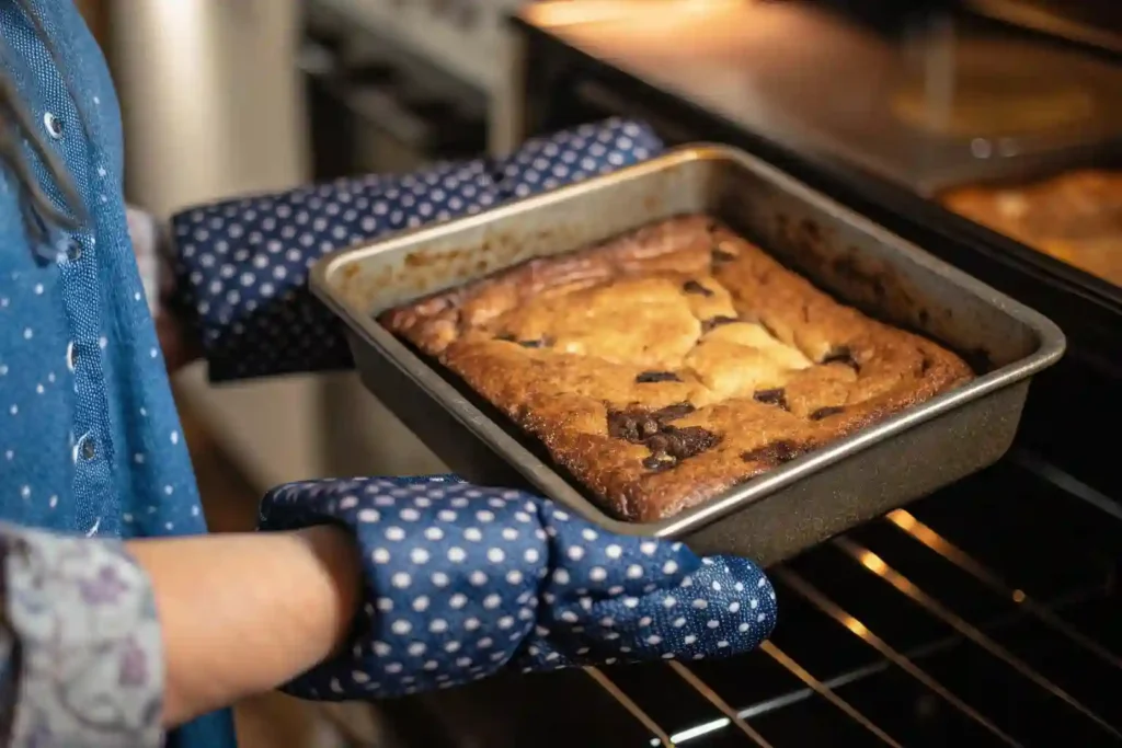 A person taking a freshly baked slutty brownie out of the oven