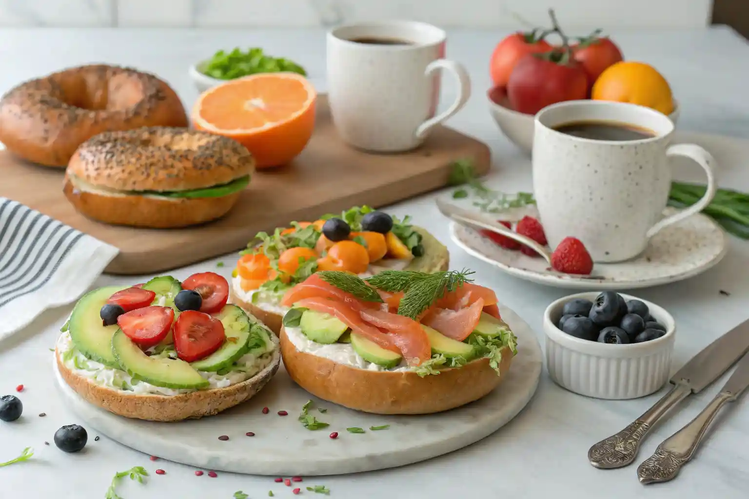 A spread of healthy bagels topped with avocado, smoked salmon, and fresh vegetables