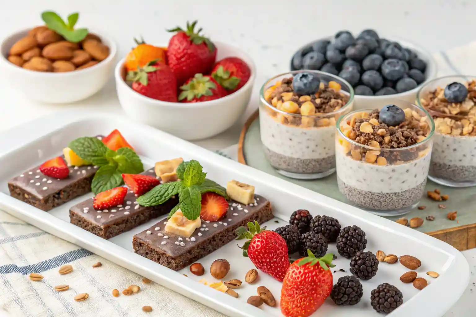 A variety of healthy protein desserts including protein bars, Greek yogurt parfaits, and chia seed pudding