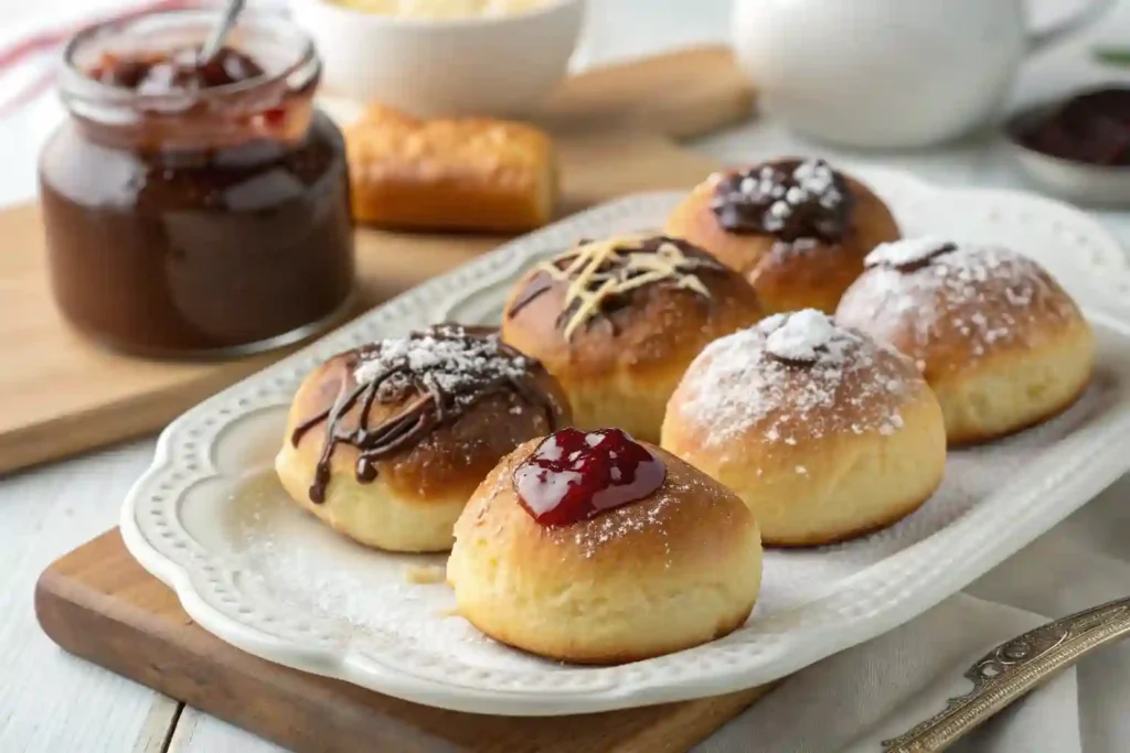 An assortment of sweet and savory Gipfeli recipe, including chocolate-filled, jam-filled, and cheese-topped variations.