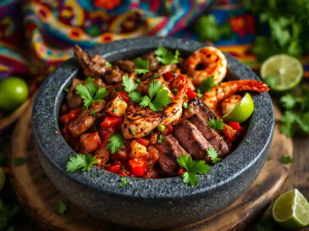 A traditional molcajete filled with roasted salsa, grilled meats, and fresh garnishes