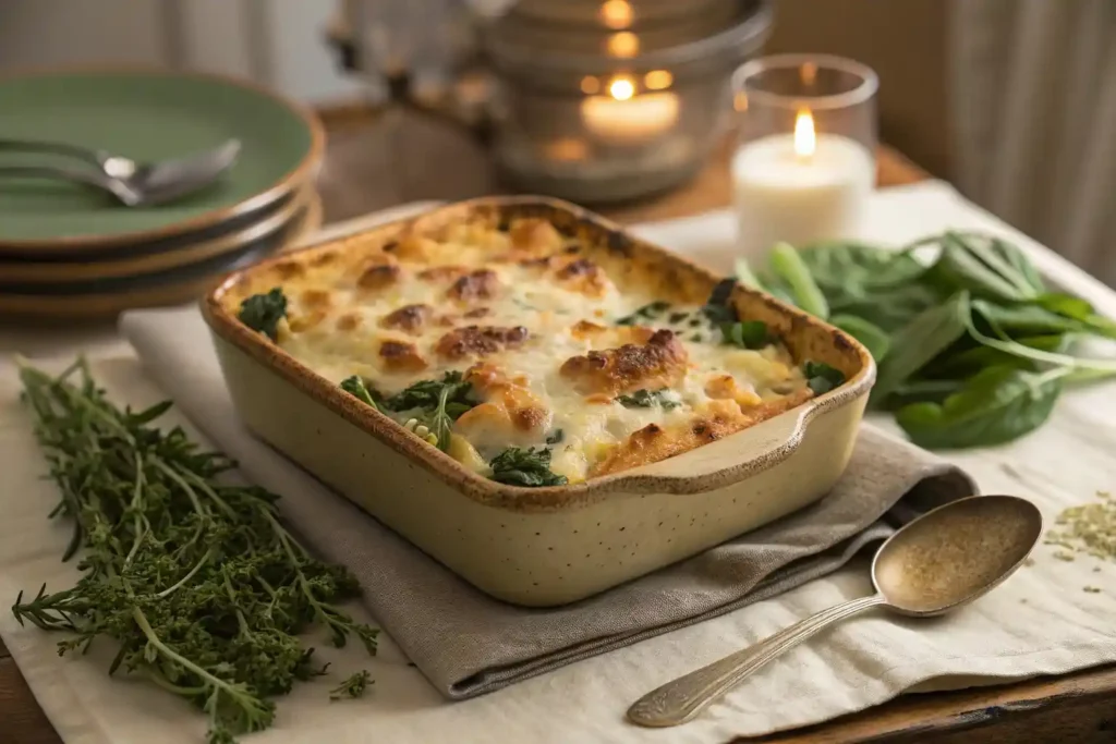 Baked trottole pasta casserole with cheese and spinach