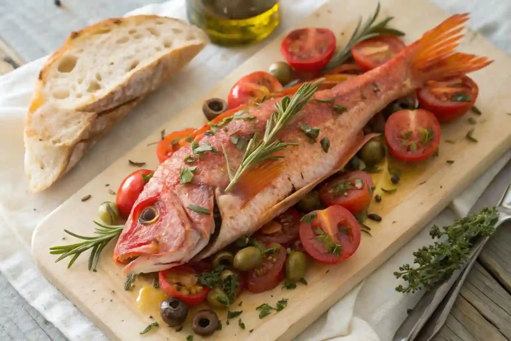 Baked rockfish with Mediterranean flavors