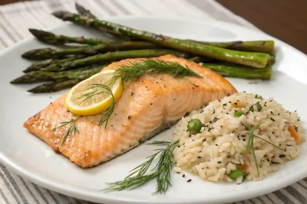 Steelhead trout recipe served with roasted asparagus and wild rice.