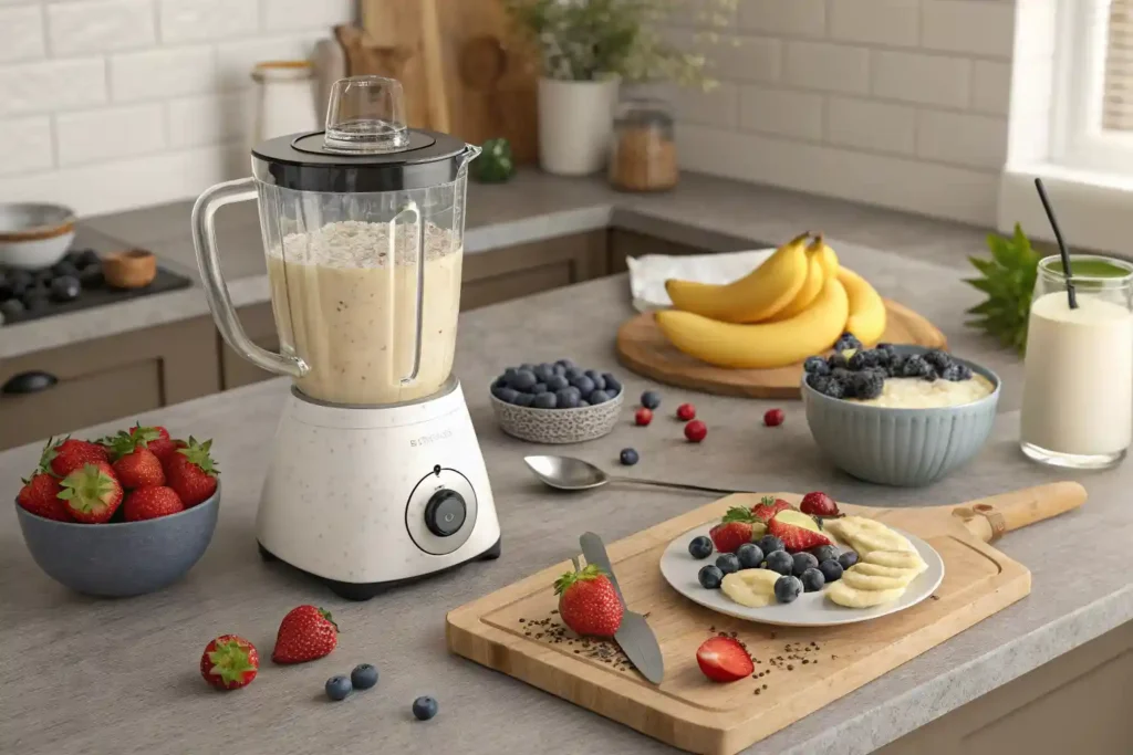 Blending process of healthy ice cream with frozen bananas and almond milk in a blender