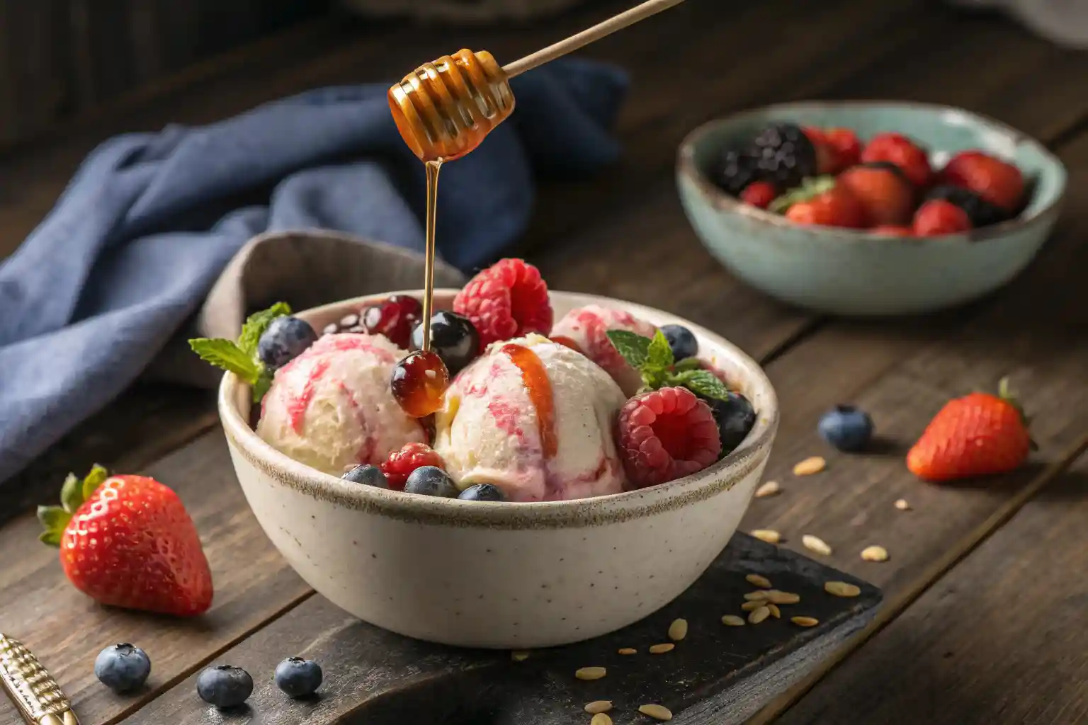 Bowl of easy healthy ice cream topped with fresh berries and honey, ready to serve