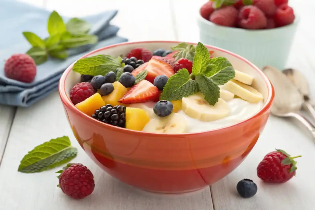 Bowl of yogurt topped with fresh fruits including strawberries, bananas, and blueberries, garnished with mint leaves