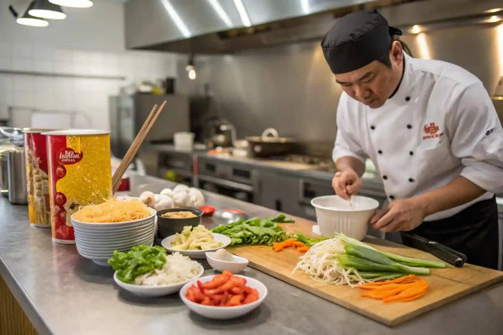 Chef preparing cup noodles stir fry in a kitchen