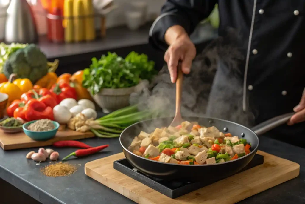 Chef cooking chicken and vegetables for a healthy chicken pot pie