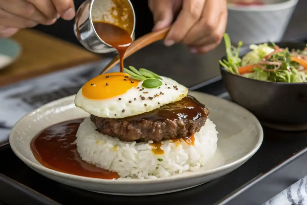 Chef preparing Loco Moco with hamburger patty, fried egg, and gravy.