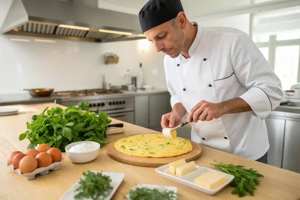 Chef preparing a fluffy French omelette with fresh herbs